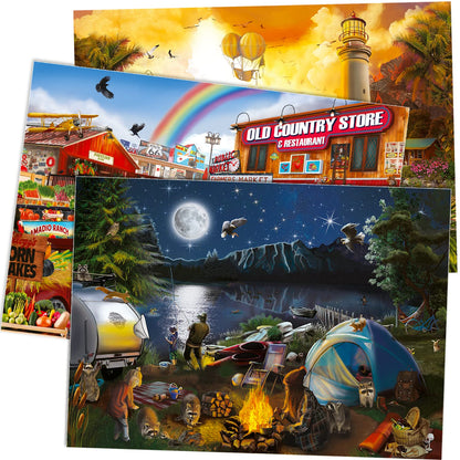 Quokka Puzzles for Adults 1000 Pieces and Up - 3 Pack of 1000 Piece Puzzles - Enjoy Market, Lighthouse and Camping Designs for Women and Men