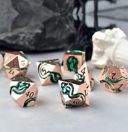 RULE DICE Serpent's Embrace Metal DND Dice Set - 7pc Polyhedral D&D Dice for TTRPGs Like Dungeons and Dragons and Pathfinder - Emerald Green Snake Design, Heavy & Balanced for Tabletop Gaming