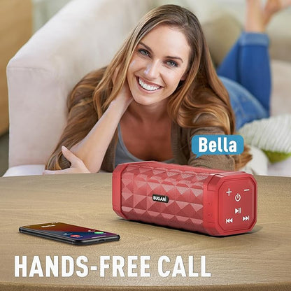BUGANI Bluetooth Speaker Portable Wireless Speaker, 100ft Wireless Range, Louder Volume, Stereo Sound, Amazing Bass 24H Playtime, IPX5, Built-in Mic, Waterproof Speaker for Home, Outdoor, Red