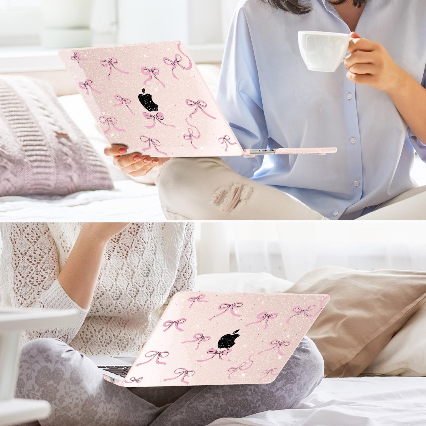 May Chen Case for MacBook Air 13/13.6 inch M5 A3449 M4 A3240 M3 A3113 M2 A2681, 2026 2025 2024-2022, Plastic Hard Shell with Keyboard Cover & Screec Protector, Sakura Pink Glitter Bow