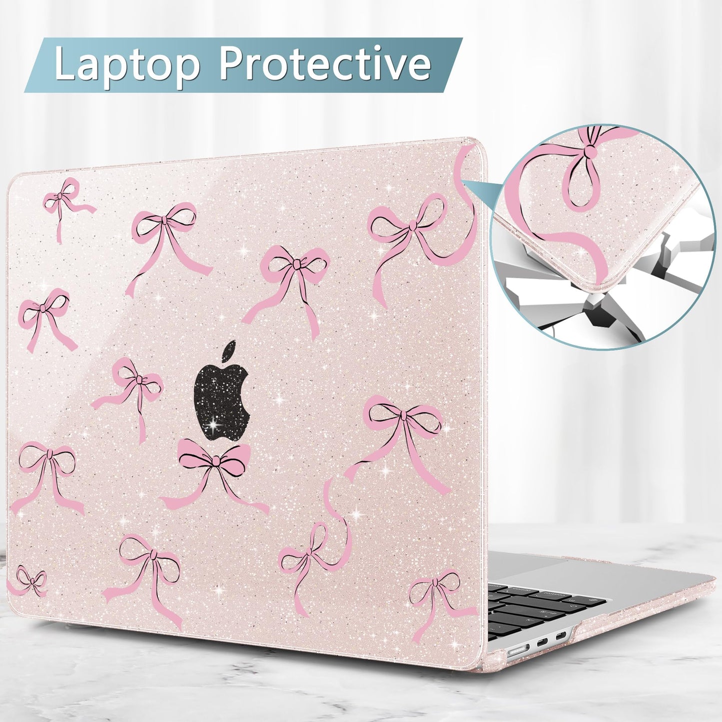 May Chen Case for MacBook Air 13/13.6 inch M5 A3449 M4 A3240 M3 A3113 M2 A2681, 2026 2025 2024-2022, Plastic Hard Shell with Keyboard Cover & Screec Protector, Sakura Pink Glitter Bow