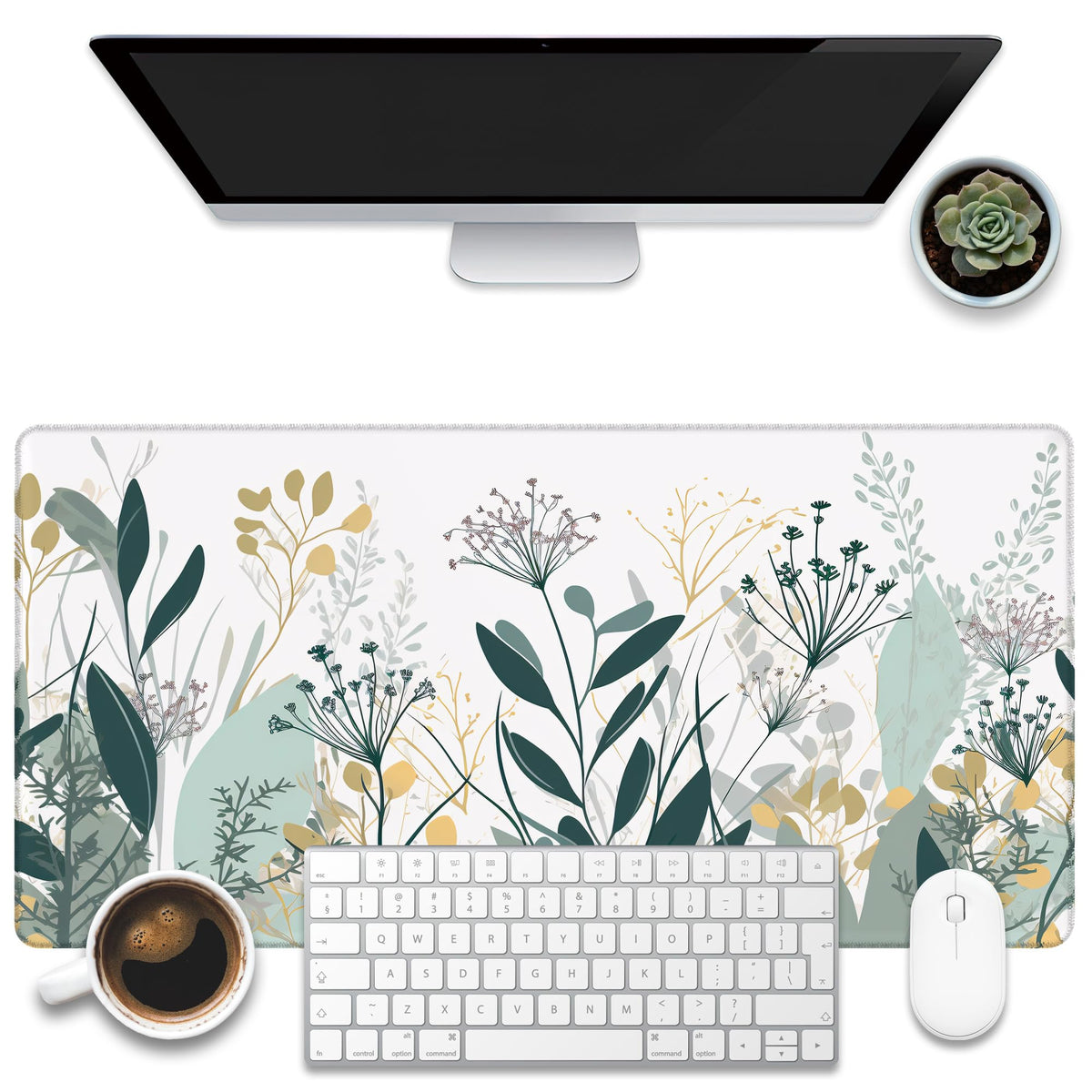 KOAIWPAE Desk Mat, Watercolor Pink Flowers Desk Pad, Green Leaves Flowers Large Gaming Mouse Pad for Desk, 31.5"x15.7" Extended Big Computer Keyboard Mouse Pad with Non-Slip Base and Stitched Edge