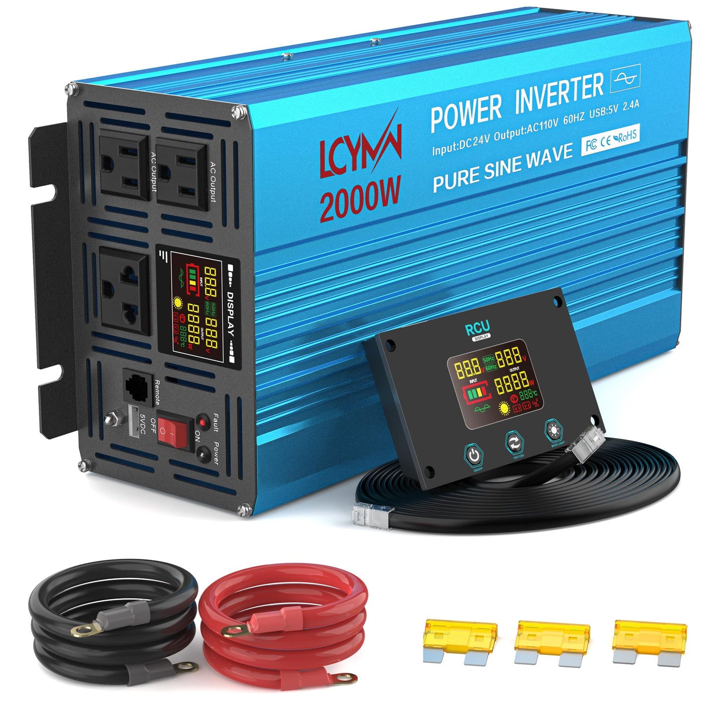 2000 Watt Inverter Pure Sine Wave DC 24V to 110V/120V AC Power Inverters with 3 AC Charger Outlets Car Solar Converter for Vehicles Home with LCD Display and 2.4A USB Charging Port