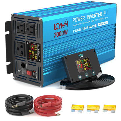 2000 Watt Inverter Pure Sine Wave DC 24V to 110V/120V AC Power Inverters with 3 AC Charger Outlets Car Solar Converter for Vehicles Home with LCD Display and 2.4A USB Charging Port