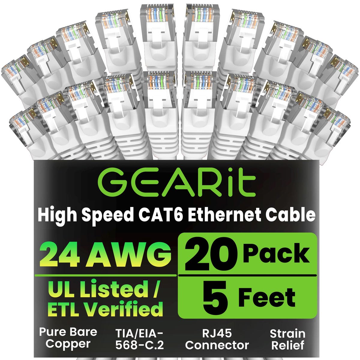GEARit Cat6 Patch Cables Cat 6 Ethernet Cable 1 ft 20-Pack Purple