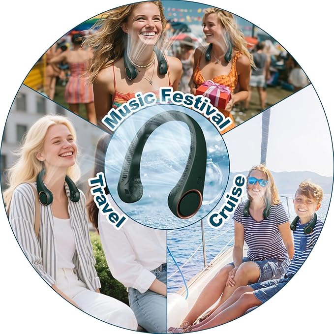 CIVPOWER Neck Fan: Portable Personal Neck Cooling Rechargeable Bladeless Fan - Hands Free 3 Speed 4000 mAh Battery USB Operated Wearable Headphone Design - for Men Women Outdoor Indoor (Dark Green)