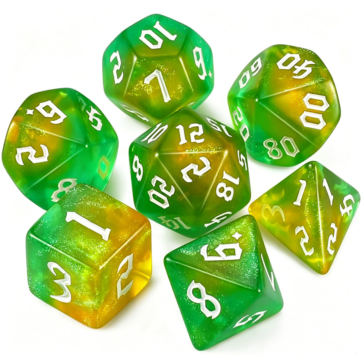 QMAY DND Dice Set -D&D Polyhedral Dice (7 Pcs) for Dungeons and Dragons (Purple Green Four Colors)