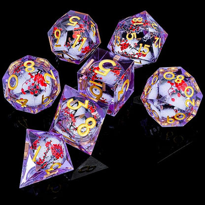 ARUOHHA DND Resin Dice Plum Blossom Liquid Core Golden Purple Sharp Edged Dragons Polyhedral Dice Set with Gift Box, Dungeons D and D Dice Set Role Playing Game D20 D12 D10 D8 D6 D4