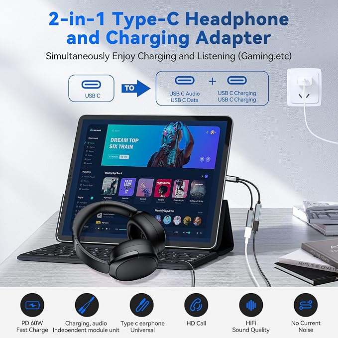 5PCS USB C Headphone Splitter,CCZ CA01 USB C to Type C Headphone Jack and Charger Adapter, 1 in 2 out Dongle Hi-Res DAC Audio Cable with PD 60W Fast Charging for Samsung Galaxy S25 S24 S23 (USBC-USBC)