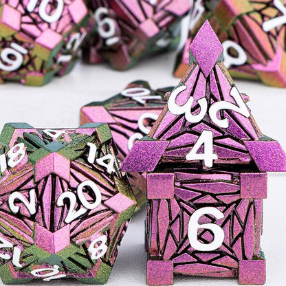7PCS Metal DND Dice Set with Box, Debris RPG Red D and D Dice for D&D Tabletop Games Role Playing Game, Polyhedral Dice Set D20 D12 D10 D8 D6 D4