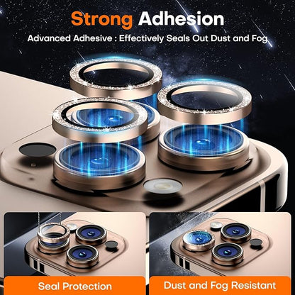 Camera Lens Protector for iPhone 16 Pro Max/16 Pro/15 Pro Max/15 Pro/14 Pro Max/14 Pro, Sapphire Glass Metal Individual Camera Cover Screen, Anti-drop, Case Friendly- Glitter Desert Titanium