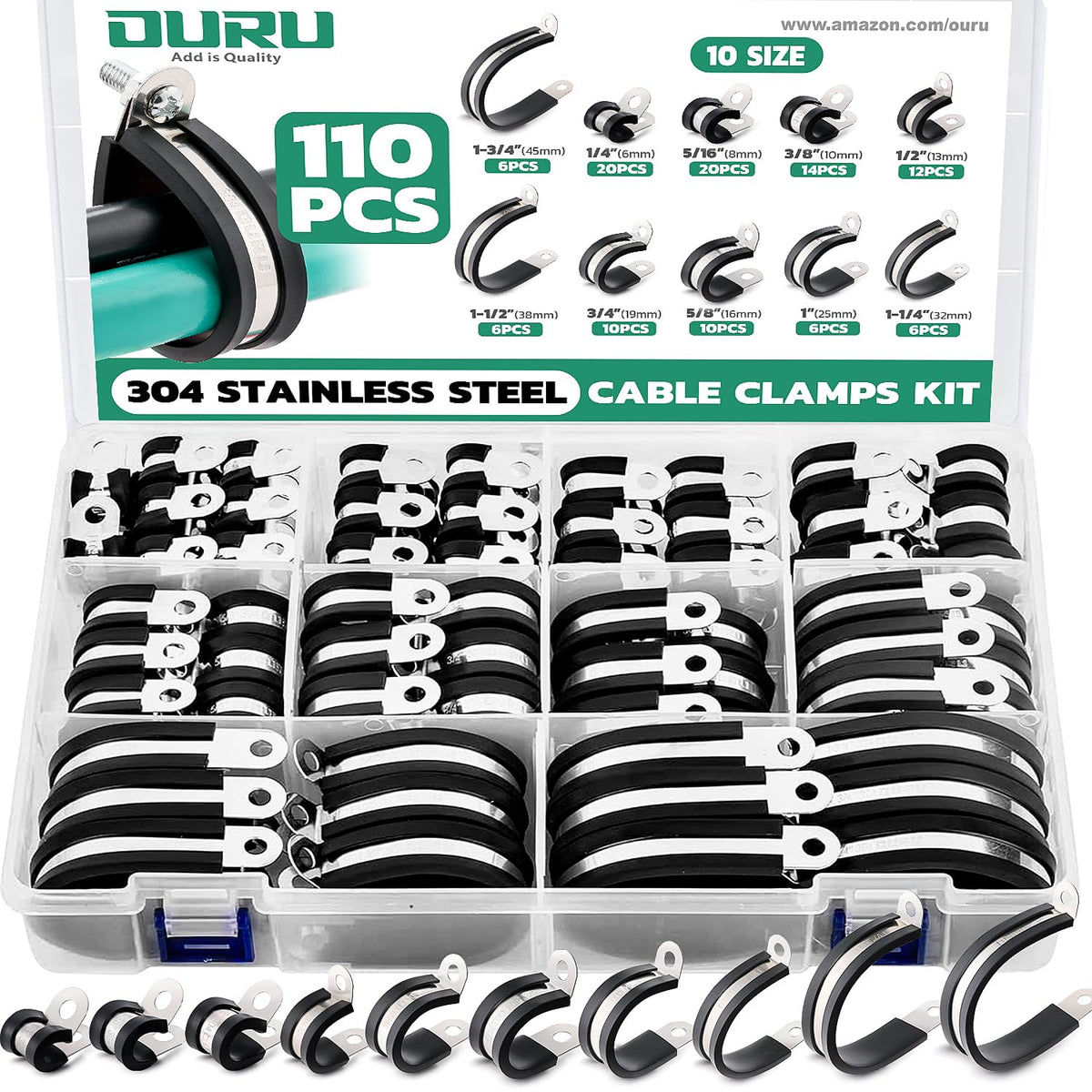 OURU 5/16 Inch Cable Clamps, Rubber Coated Insulated Clamps, 30pcs, 8mm