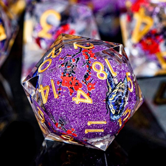 Butterfly DND Dice Purple Liquid Core Dice Set with Metal Box, Handmade Sharp Edge D and D Polyhedral Dice for use with D&D Role Playing Game, D20 D12 D10 D8 D6