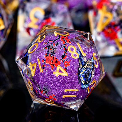 Butterfly DND Dice Purple Liquid Core Dice Set with Metal Box, Handmade Sharp Edge D and D Polyhedral Dice for use with D&D Role Playing Game, D20 D12 D10 D8 D6