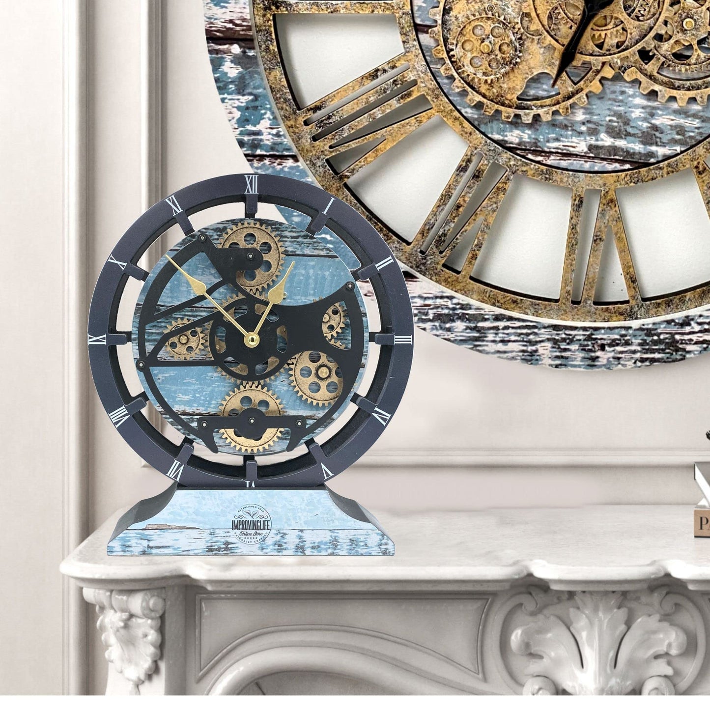 ImprovingLife The Gears Clock Desk Clock 10 inches with Real Moving Gears Convertible into Wall Clock (Aqua Green)