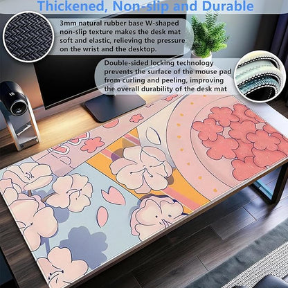 Pink Floral Mouse Pad XXL Cute Anime Gaming Desk Mat 31.5"x15.7", Thickened Rubber Base, Stitched Edge & Washable Design for Women, Office, Home