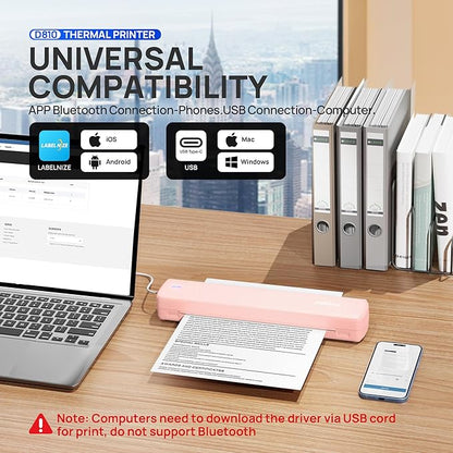 POLONO Portable Printer Wireless for Travel, D810 Bluetooth Thermal Printer Support for 8.5"x11" US Letter, Inkless Compatible with iOS, Android, Laptop for Office, Car and Home, Pink