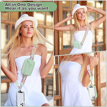 Clip and Go Strap for Phone with Wallet Crossbody, Adjustable Phone Lanyard with Detachable RFID Wristlet Wallet, Pattern Strap, Green (M)