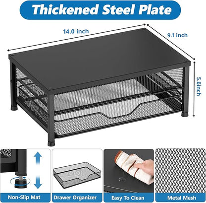 Desk Organizers and Accessories, 2-Tier Computer Monitor Stand Riser with Drawer, Laptop Stand, Office Desk Accessories, Workspace Desktop Organizer for Office Supplies, Black