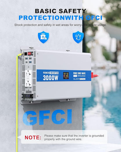 3000W Pure Sine Wave Power Inverter 12V DC to 120V AC Converter 6000 Watt Peak Power Multi-Display Screen with 2 GFCI Outlet 30W USB and 18W Type-C for Car RV Truck Boat Off-Grid, Gray Blue