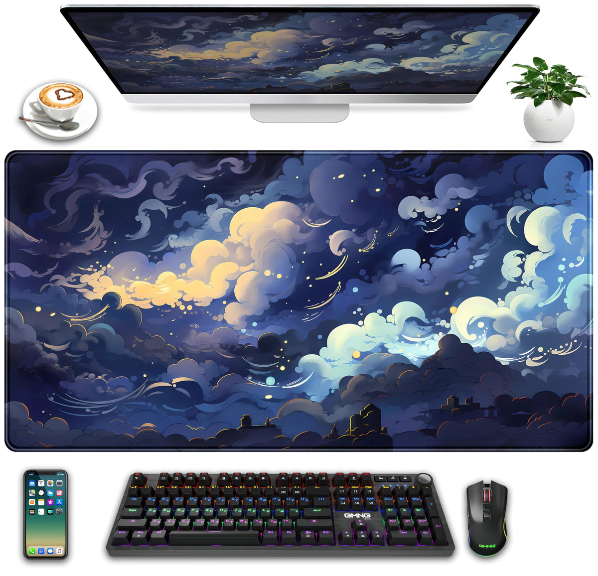 Cool Purple Kawaii Anime Moom Cat Desk Mat XXL Large Gaming Mouse Pad, Cute City Cats Desk Pad for Gamer Girl Women Office Desk Decor Mousepad, Computer Laptop Keyboard and Mouse Mat 31.5x15.75 in