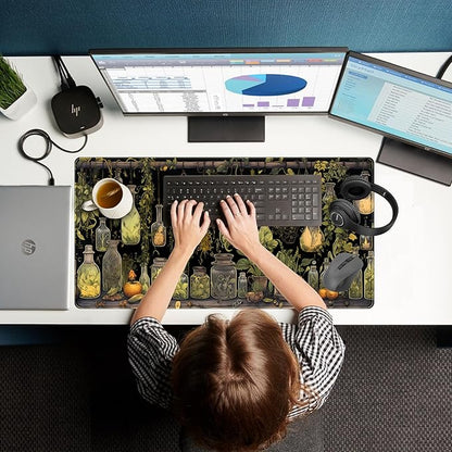 Desk Mat Green Plants Mouse Pad Gaming Mat Dark Keyboard Mat, Long Mouse Mat XXL Extended Desktop Mat Magical Bottles Computer Mats with Stitched Edges, Office Desk Accessory 31.5" x 15.7"