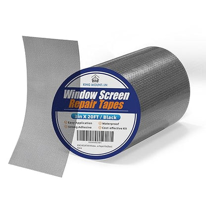 KING MOUNTAIN Black Window Screen Repair Tape,3inX20FT Heavy Duty Screen Repair Kit for Window Screen and Screen Door Tears Holes,Strong Adhesive & Waterproof Window Screen Patch