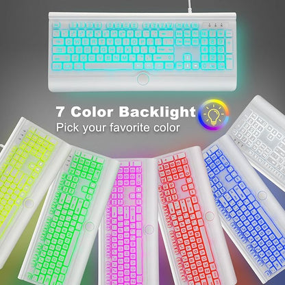 Large Print Backlit Computer Keyboard, USB Full Size Wired Keyboards with 7-Colors Backlight, Wrist Rest, Light Up Keyboard for Windows, PC, Laptop - Easy to See, Easy to Setup