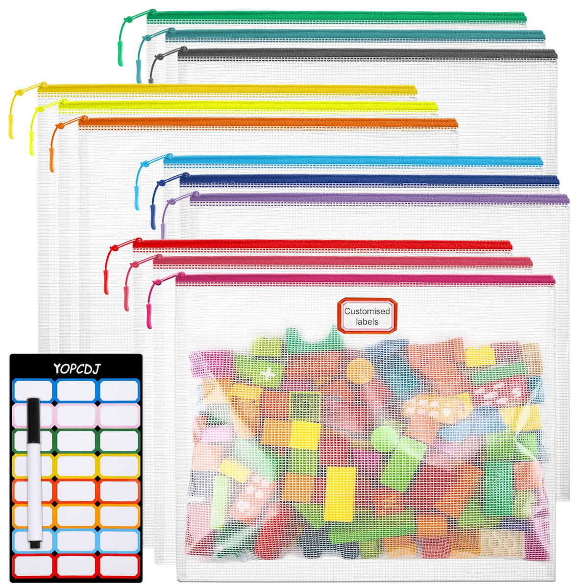 YOPCDJ 12pcs Mesh Zipper Pouch Bags, Extra Large A3 Puzzle Bag for Organizing, 12 Colors, 12 Packs, Classroom Must Have Storage Bag, File Bags for School, Board Games and Office Supplies