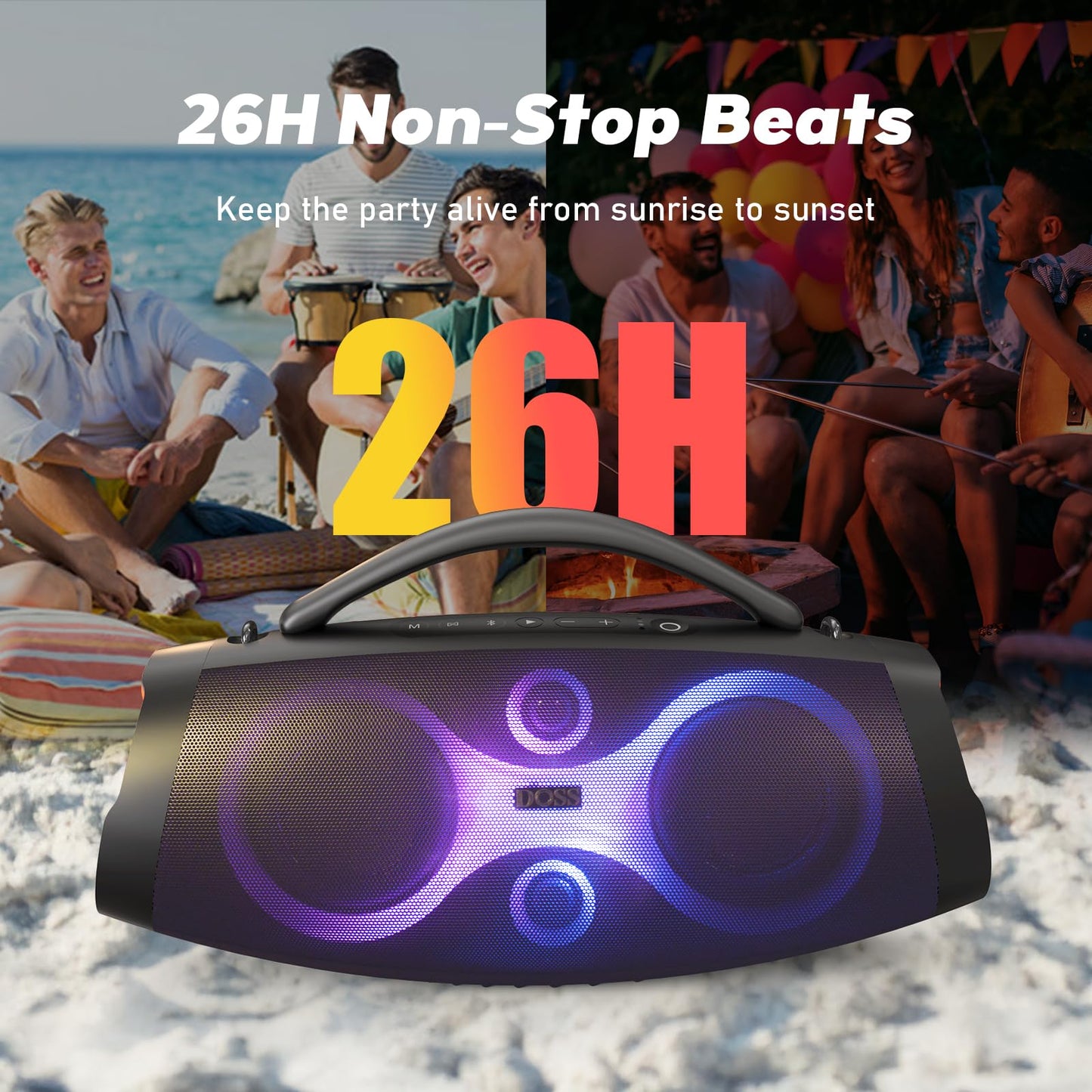 DOSS Extreme Boom Pro D200 240W Peak Outdoor Speaker, Punchy Bass, 26H Playtime, Beat-Synced Light, BT5.4, Stereo Pairing, IPX6 Waterproof for Camping, Beach, Tailgate Party-Blue