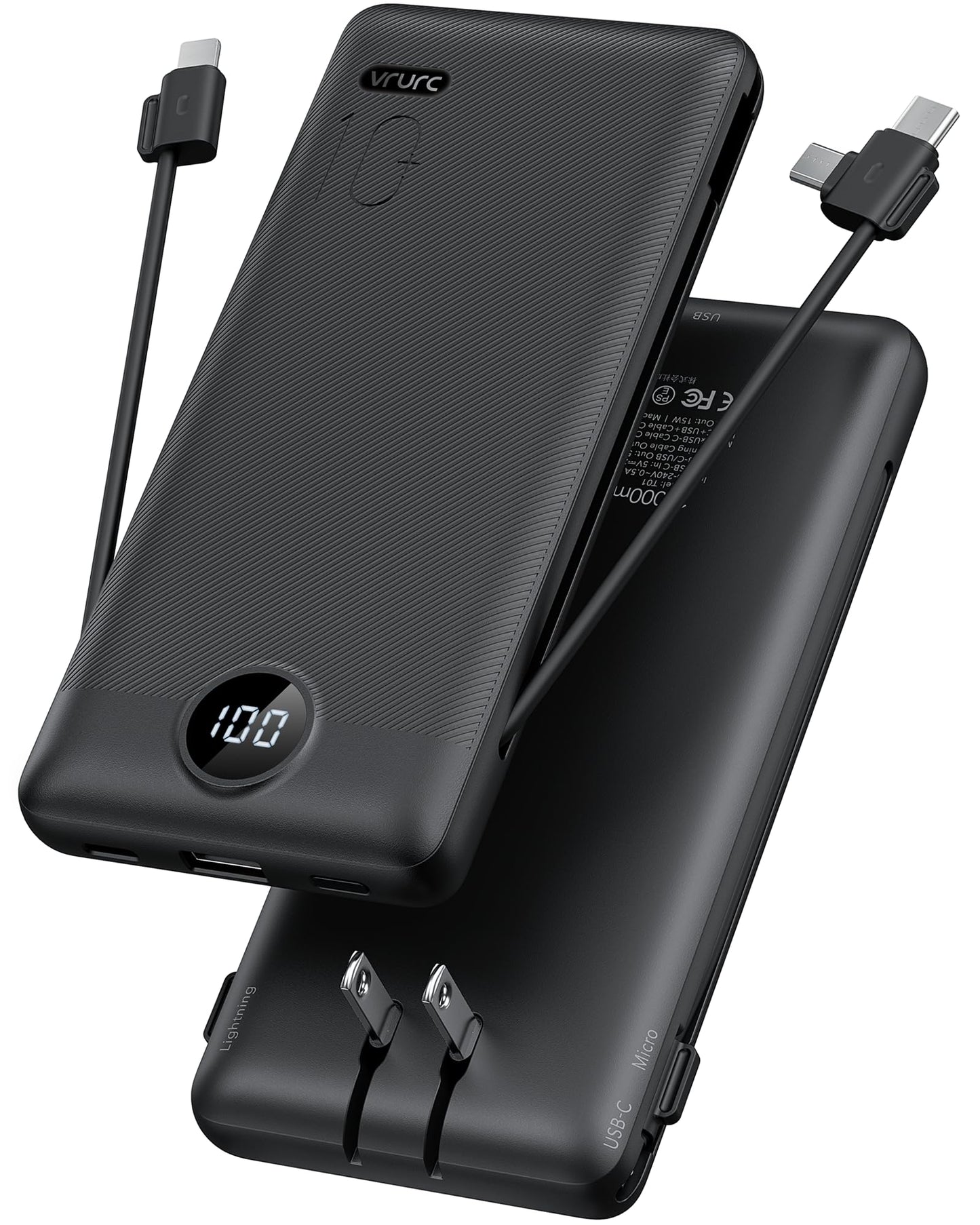 VRURC Portable Charger, Power Bank Built-in Cables and AC Wall Plug
