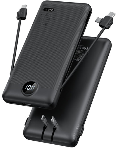 VRURC Portable Charger, Power Bank Built-in Cables and AC Wall Plug