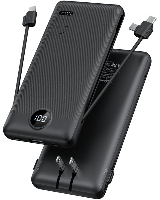 VRURC Portable Charger, Power Bank Built-in Cables and AC Wall Plug