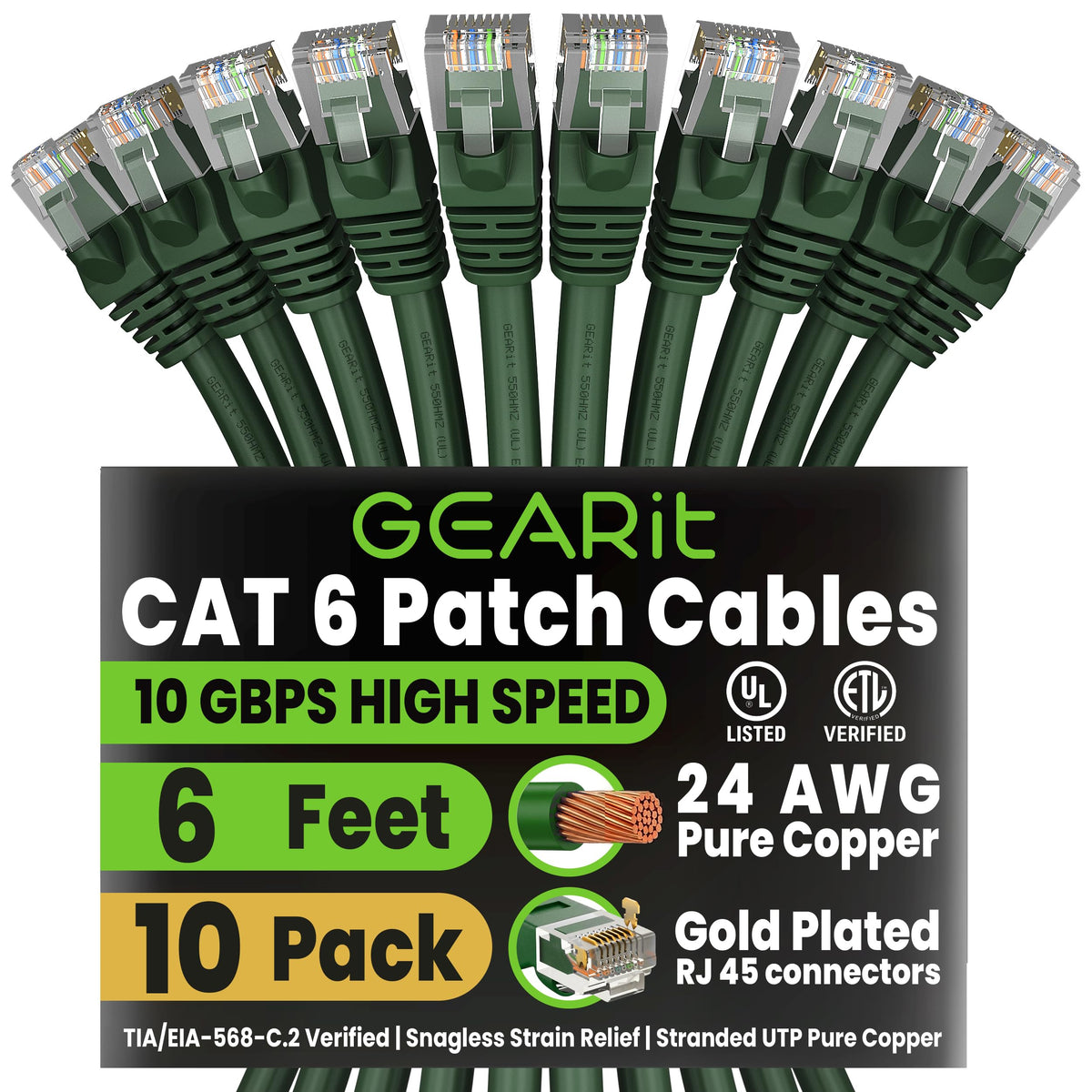 GEARit Cat6 Patch Cables Cat 6 Ethernet Cable 6 ft 10-Pack Green