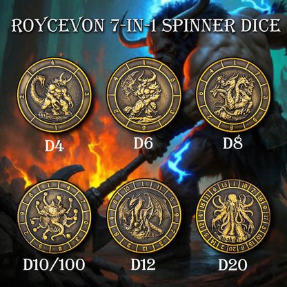 Roycevon 7 in 1 Unique Spinner DND Dice Set D&D, Metal D and D Dice with Gift Box, Dungeons Dragons Role Playing Dice, Black Gold