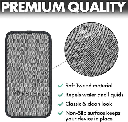 Folden Phone & Tablet Holder Stand 9x5” – Flexible Stand for Flying, Traveling, in-Flight, Zoom Video Calls, Books – Airplane Travel Essential, Compatible with iPhone, Android, Kindle (Tweed)