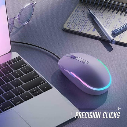 Seenda Wired Mouse - USB Computer Mouse with RGB Backlit Optical LED, Attached USB Cord for Laptops, Notebooks, Chromebook - Purple