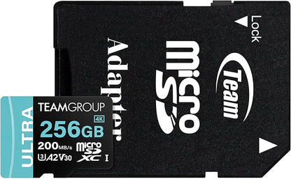 TEAMGROUP A2 Ultra Card 256GB Micro SDXC UHS-I U3 A2 V30, R/W up to 200/150 MB/s with Adapter TULMSDX256GIA2V3022503