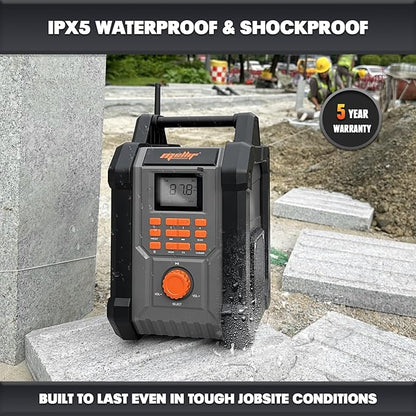 Mellif Jobsite Radio Speaker Compatible with Dewalt 20v Max Battery, Enhanced Signal Reception, 100ft Wireless Range, Stereo, IPX54 Waterproof, TWS, AM/FM Presets, 2.0 Battery & 18V AC Power Cord
