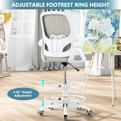 Tall Drafting Chair with Footrest Ring for Home and Work, Ergonomic Home Desk Office Chair with Flip up Arms and Lumbar Support, Extended Height Executive Desk Office Chair(Gray)