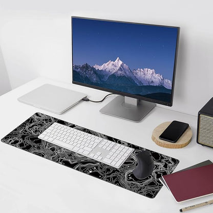 Black with White Topographic Line Large Mouse Pad,Gaming Keyboard Desk Pad,Extended Mouse Mat Non-Slip Rubber Base with Stitched Edges for Office Game Home XL 31.5"x11.8"