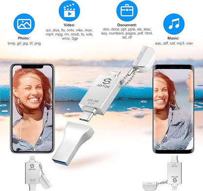 JSL JDTDC 128GB Apple MFi Certified iPhone-Photo-Stick, 3 in 1 USB C Photo-Stick-for-iPhone-USB-Flash-Drive Memory-Stick JD Thumb Drive iPhone Backup Stick for iPhone 16 15 14 13 12 iPad Android PC
