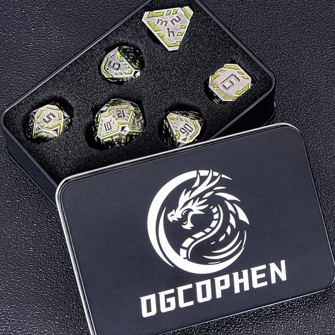 Metal DND Sci-fi Dice Set 7PCS Stripe Polyhedral Dice for Dungeons Dragons RPG Role Playing Game, Glitter D and D Dice with Gift Box D6 D8 D10 D12 D20 (Grey&Green Yellow)