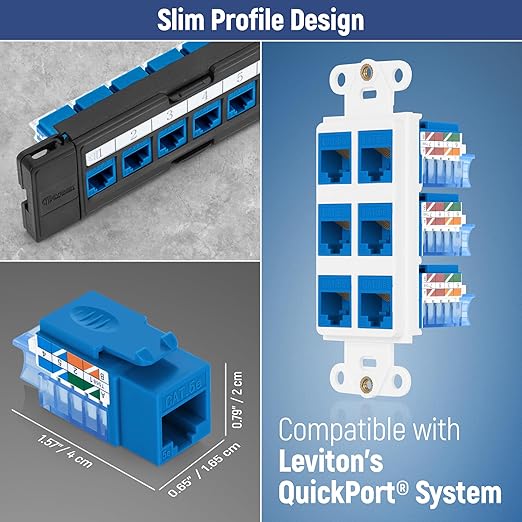 Everest 45° Angled RJ45 Cat5e Keystone Jacks 20-Pack in Blue - Slim Profile Female RJ45 Connectors - Cat 5e Keystone Jack - Compatible with 45° Angled Speed Termination Tool - 45Term (B0BL3GS7ZY)