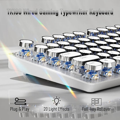 EWEADN TK100 Typewriter Style Wired Mechanical Keyboard, 104 Keys Aesthetic Typewriter Keyboard with White Backlit, Anti-Ghosting, Blue Switch Wired Cute Keyboards-White