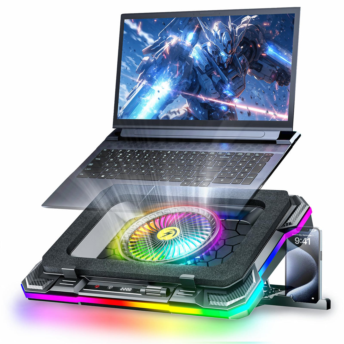 KeiBn Gaming Laptop Cooling Pad, Laptop Cooling Stand with 5.5inch External Cooling Fan, Rapid Cooling Laptop 15.6-19.3inch, Infinitely Variable Speed, 8 Height Stands, 4 USB Ports, Blue