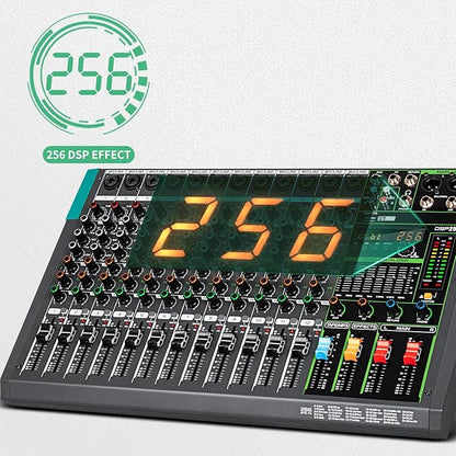 Depusheng PA12 Professional Audio Mixer Sound Board Console Desk System Interface 12 Channel Digital USB Bluetooth MP3 Computer Input 48V Phantom Power Built-in 256 Reverb Effect, Black