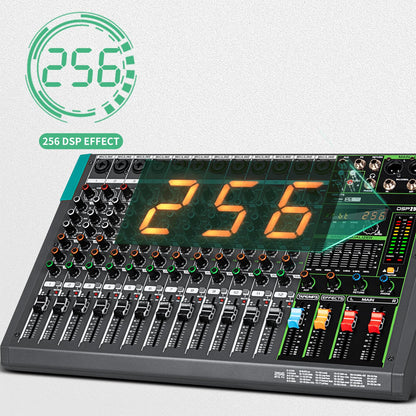 Depusheng PA12 Professional Audio Mixer Sound Board Console Desk System Interface 12 Channel Digital USB Bluetooth MP3 Computer Input 48V Phantom Power Built-in 256 Reverb Effect, Black