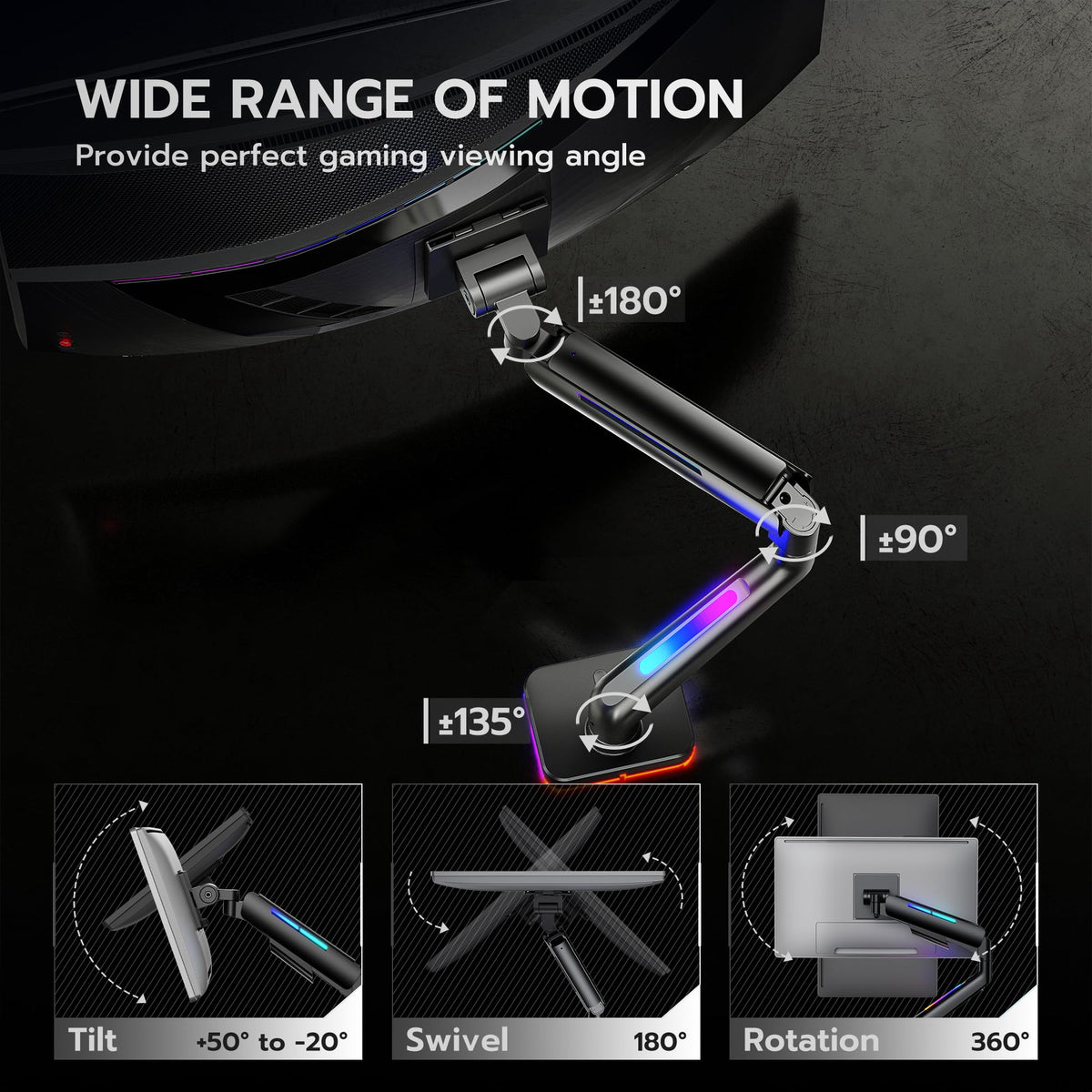 ARES WING Ultrawide Monitor arm with RGB for 17-49 Inch Screen, Black