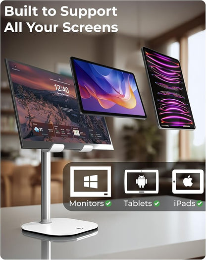 COOPER TabHolder, 7-10" Height Adjustable Tablet Stand, Premium iPad Stand for Desk, 270° Tilt Portable Monitor Holder for 15.6-17" Displays, for All iPad, Kindle, Surface, Samsung Tablets (White)